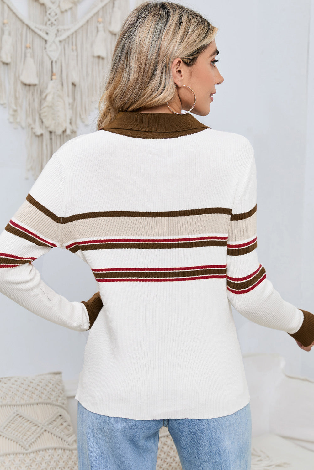 White Rib Knitted Stripe Detail Henley Sweater