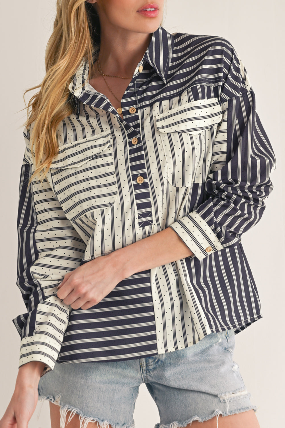 Black Striped Patchwork Button-up Long Sleeve Shirt With Pocket