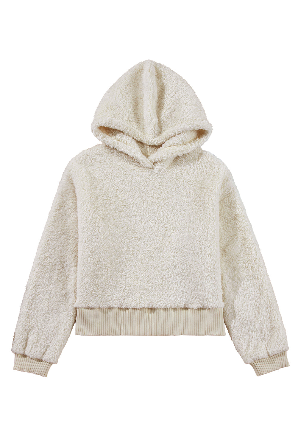 White Casual Contrast Ribbed Edge Plush Hoodie