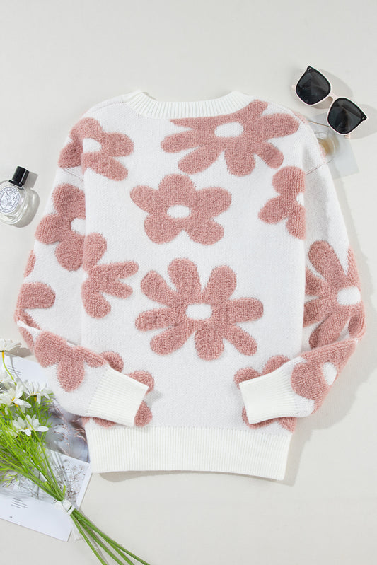 White Vintage Flower Drop Shoulder Loose Sweater