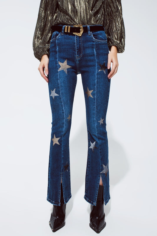 Flared Jeans With Shiny Stars Detail