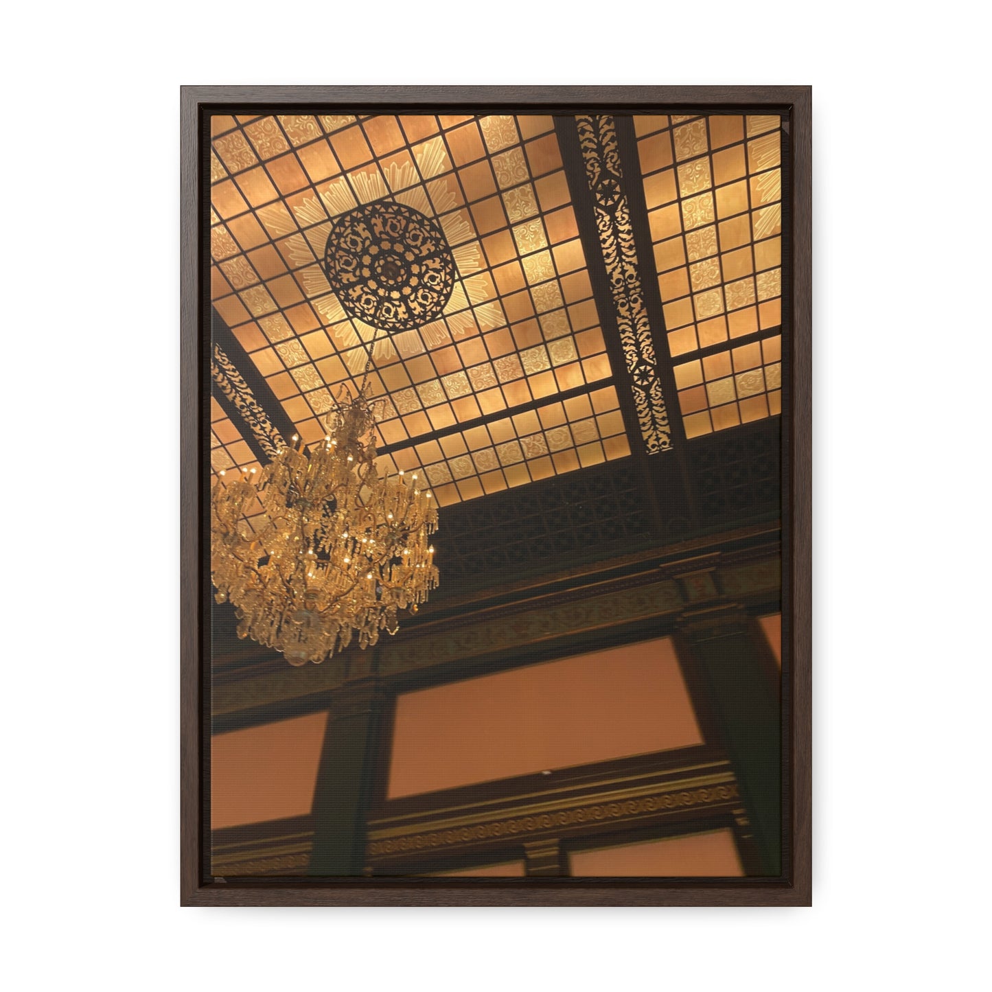 Amber Elegance: Chandelier Art from Longwood Gardens - Gallery Canvas Wraps, Vertical Frame