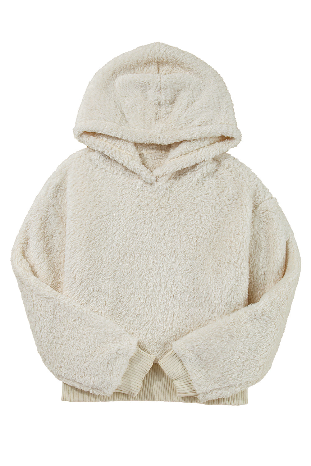 White Casual Contrast Ribbed Edge Plush Hoodie