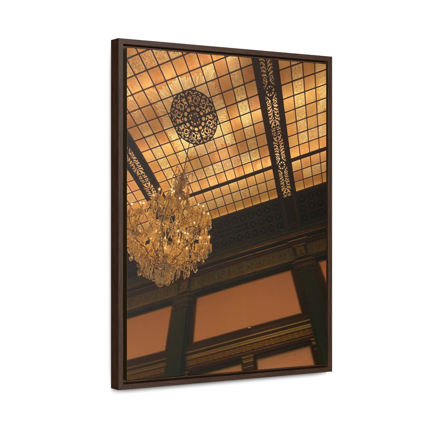 Amber Elegance: Chandelier Art from Longwood Gardens - Gallery Canvas Wraps, Vertical Frame