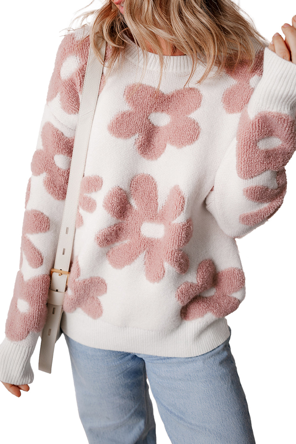 White Vintage Flower Drop Shoulder Loose Sweater