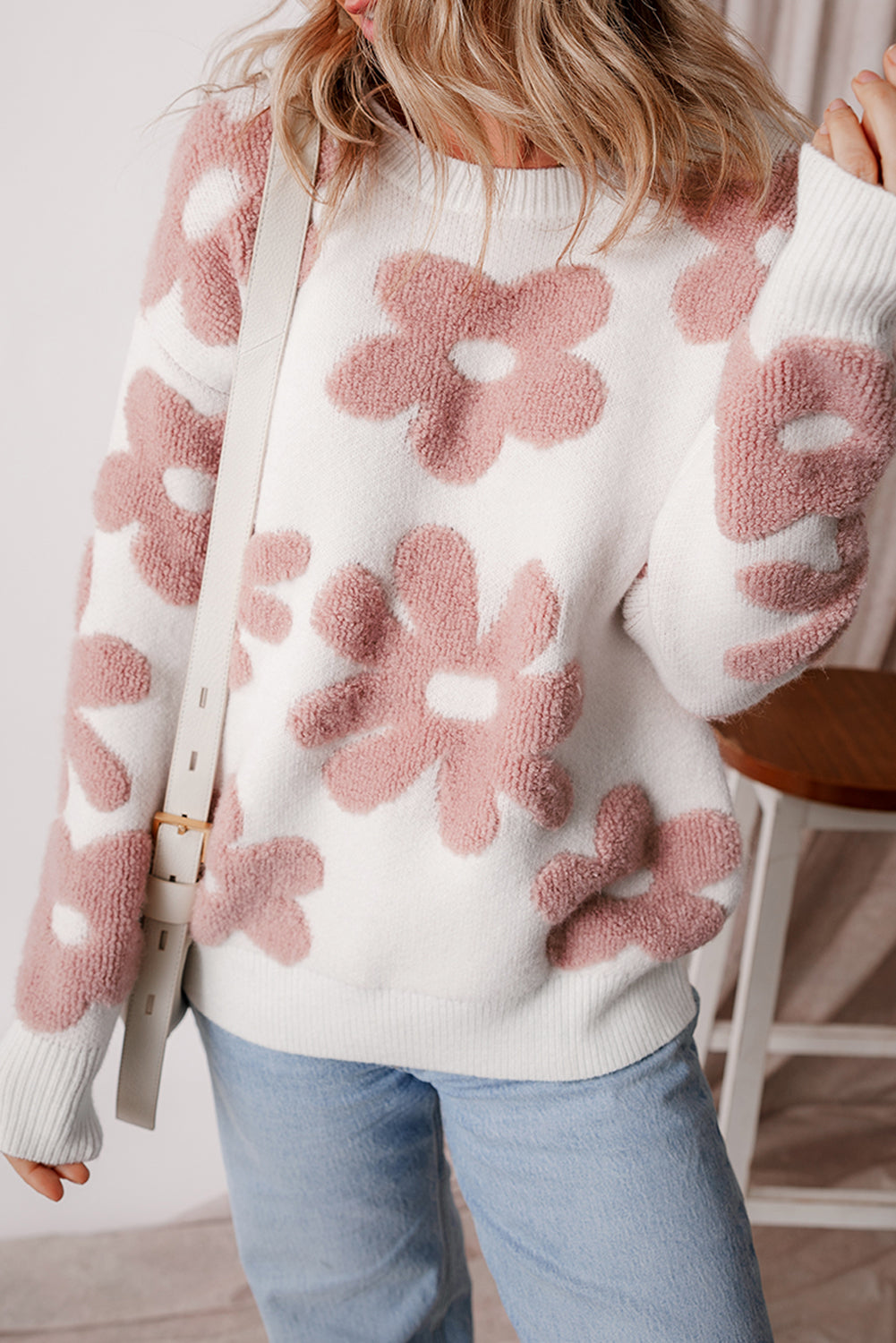 White Vintage Flower Drop Shoulder Loose Sweater