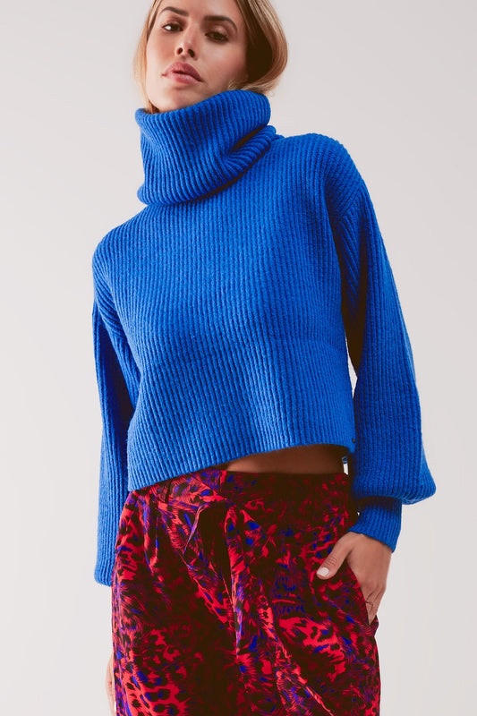 Blue Ribbed Turtleneck with Balloon Sleeves