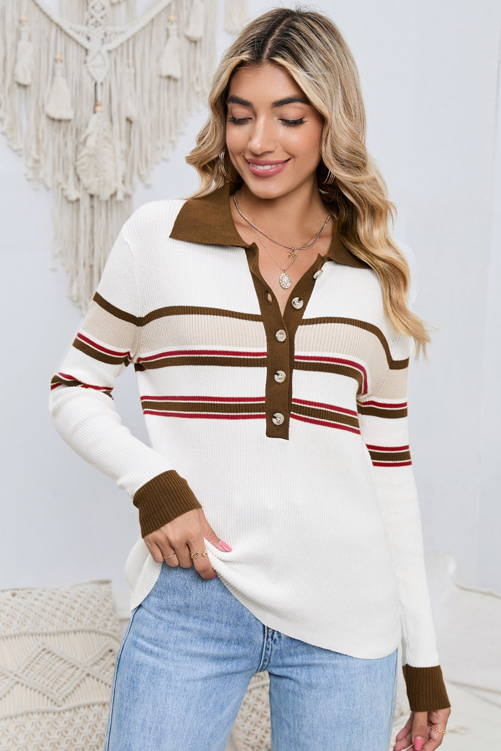 White Rib Knitted Stripe Detail Henley Sweater