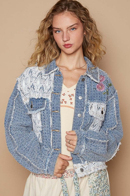 Crochet Patch Embroidered Button Up Jacket