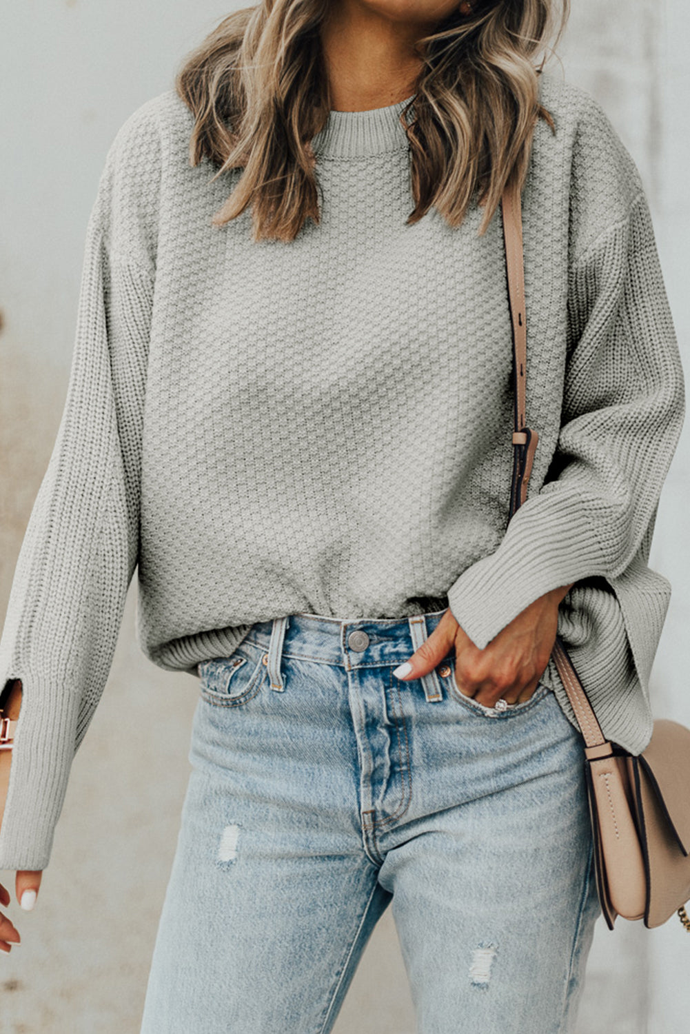 Dark Green Textured Knit Loose Sweater