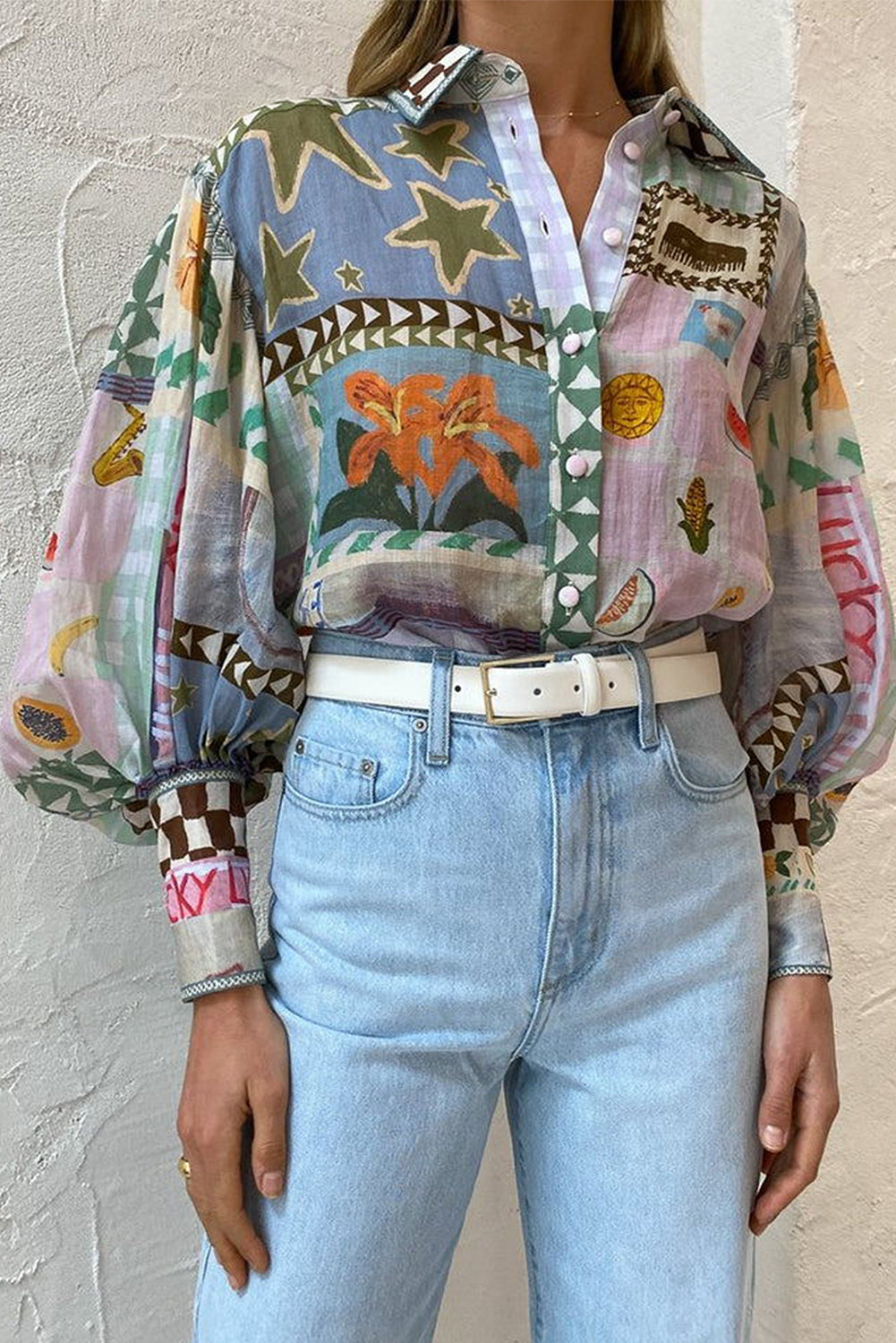 Multicolour Printed Long Sleeve Collar Blouse