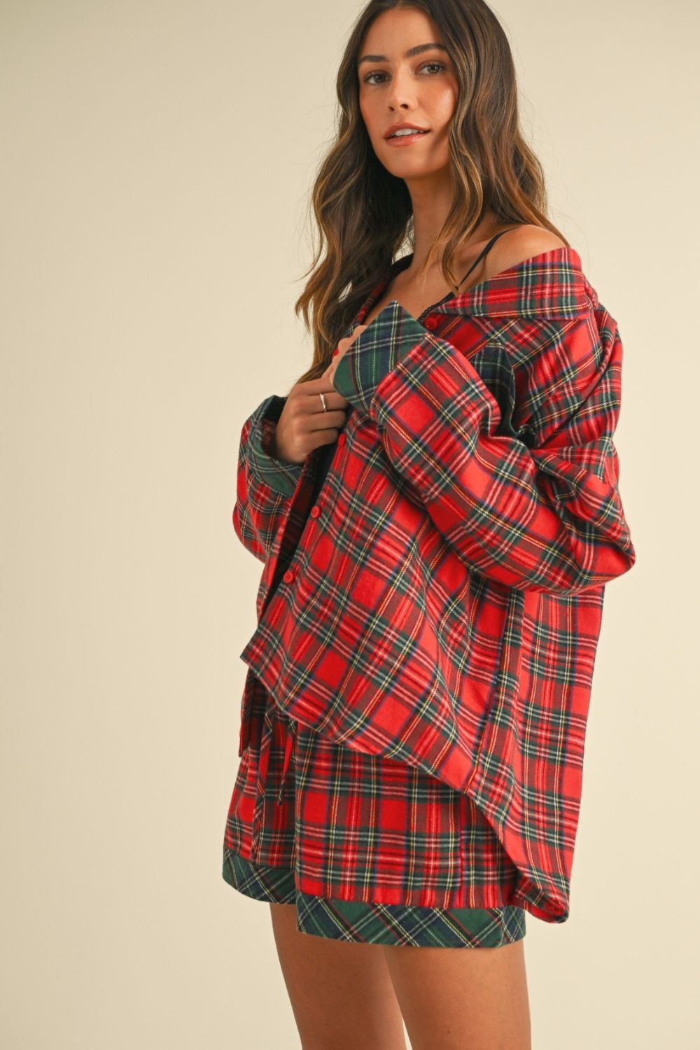 Plaid Long Sleeve Short Pajama Set