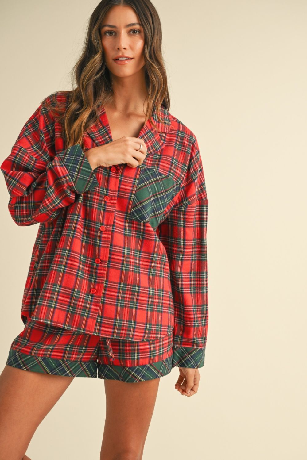 Plaid Long Sleeve Short Pajama Set