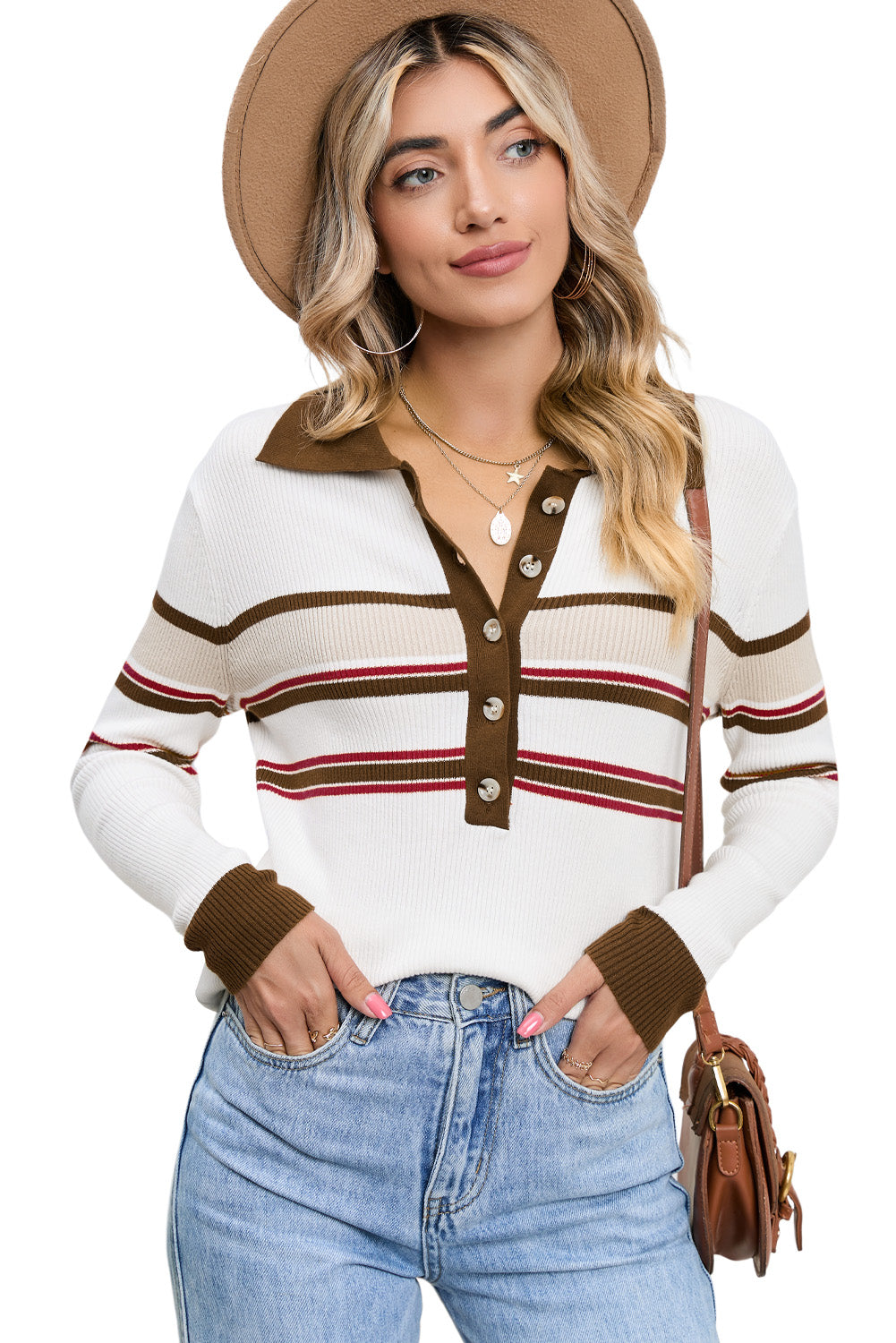 White Rib Knitted Stripe Detail Henley Sweater