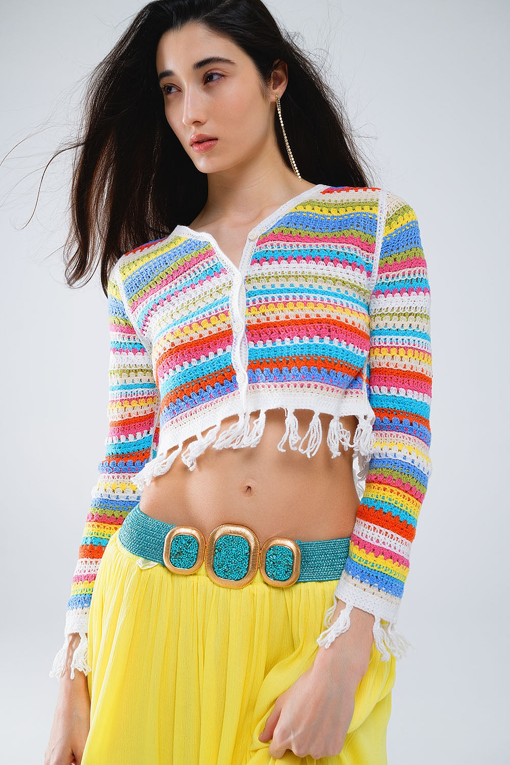 Cropped Multicolor Crochet Cardigan