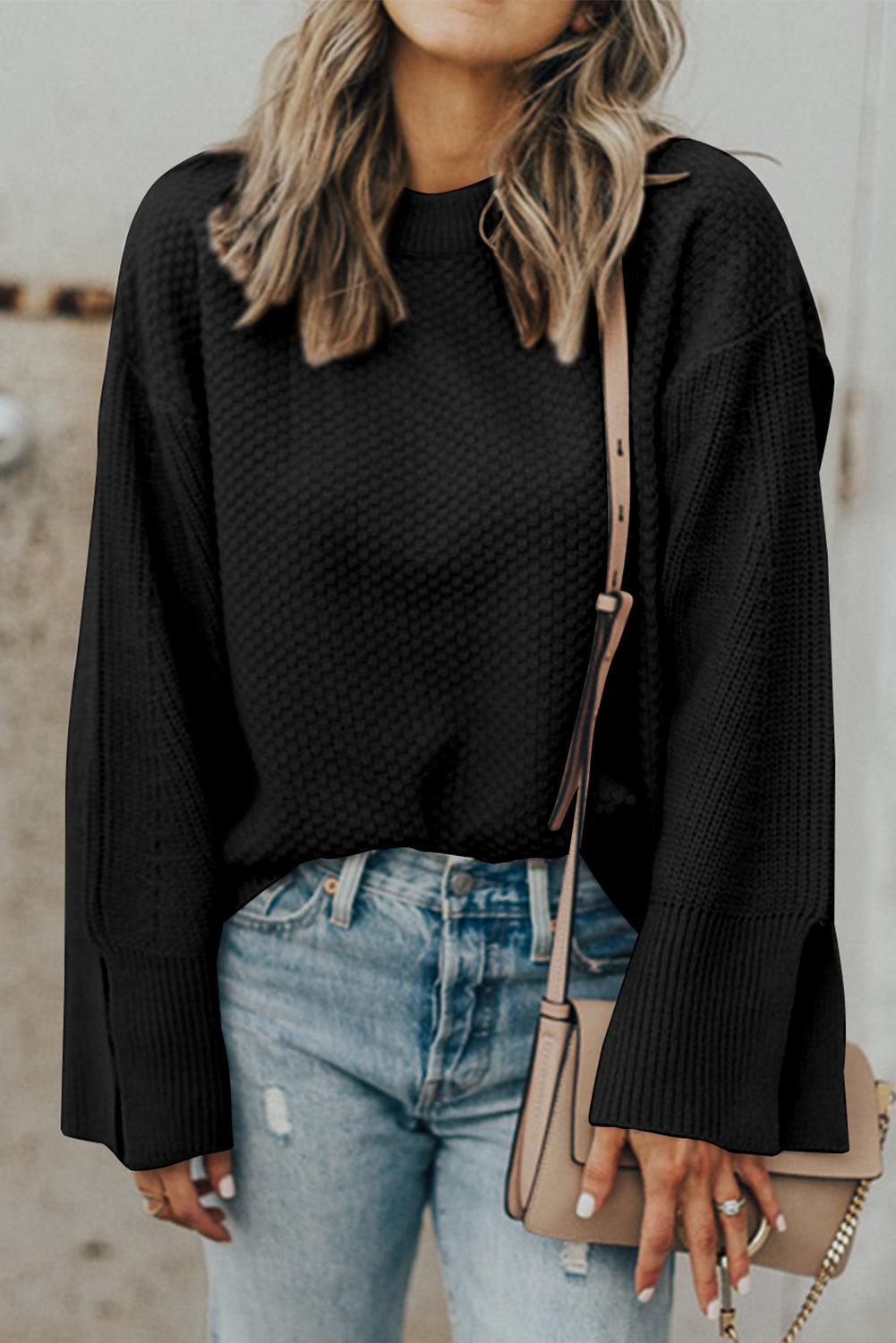 Dark Green Textured Knit Loose Sweater