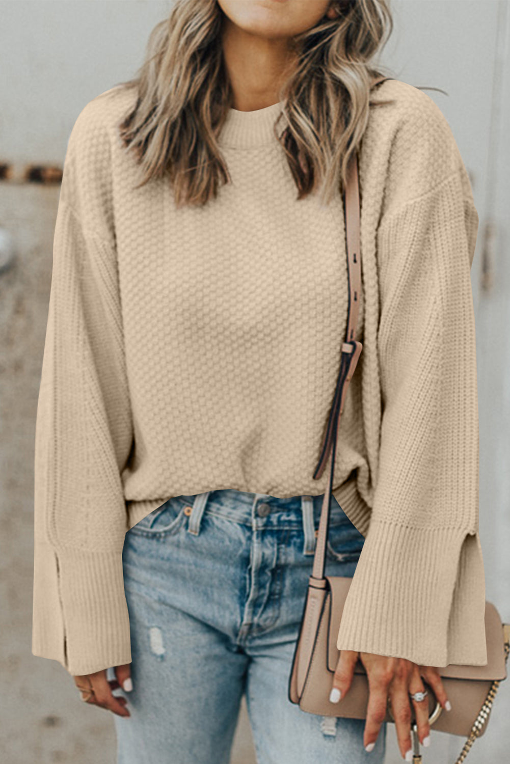 Dark Green Textured Knit Loose Sweater