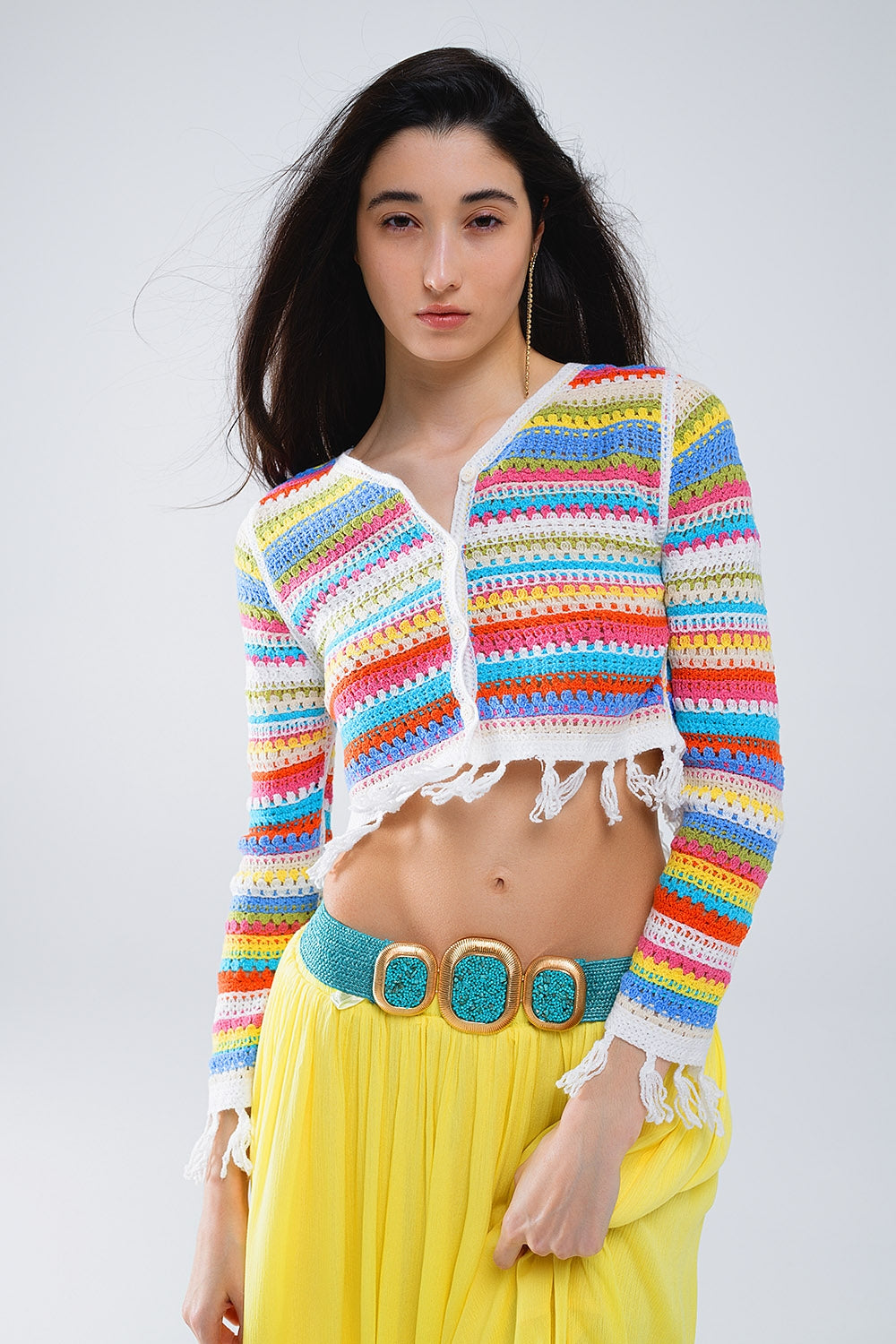 Cropped Multicolor Crochet Cardigan