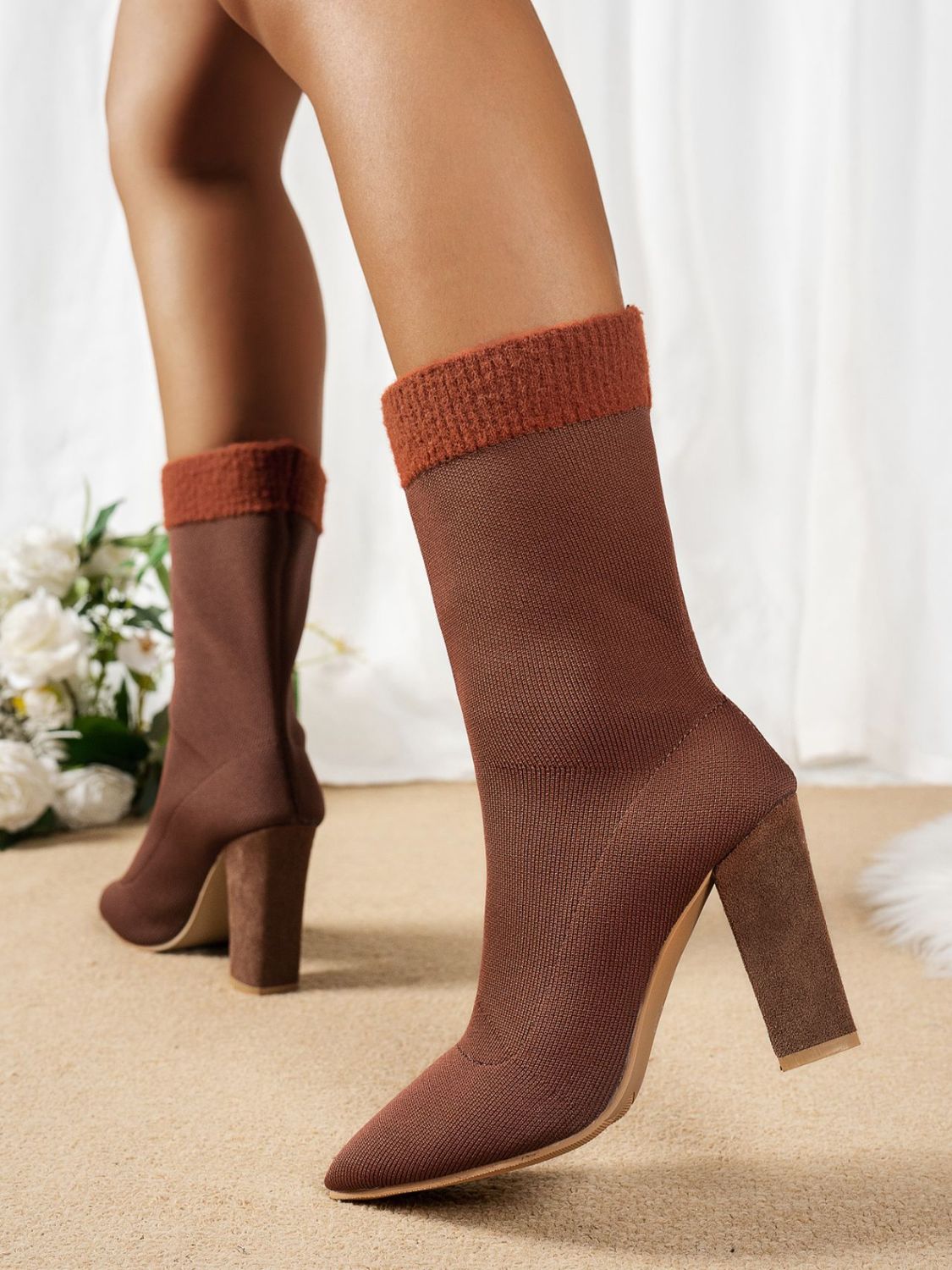 Mesh Point Toe Block Heel Boots