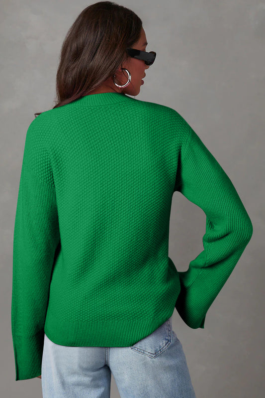 Dark Green Textured Knit Loose Sweater