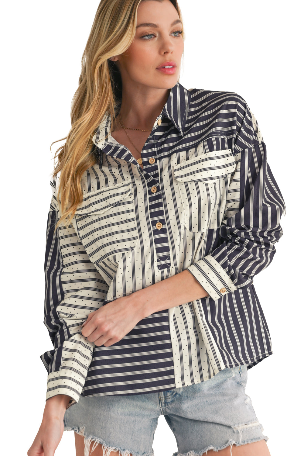 Black Striped Patchwork Button-up Long Sleeve Shirt With Pocket