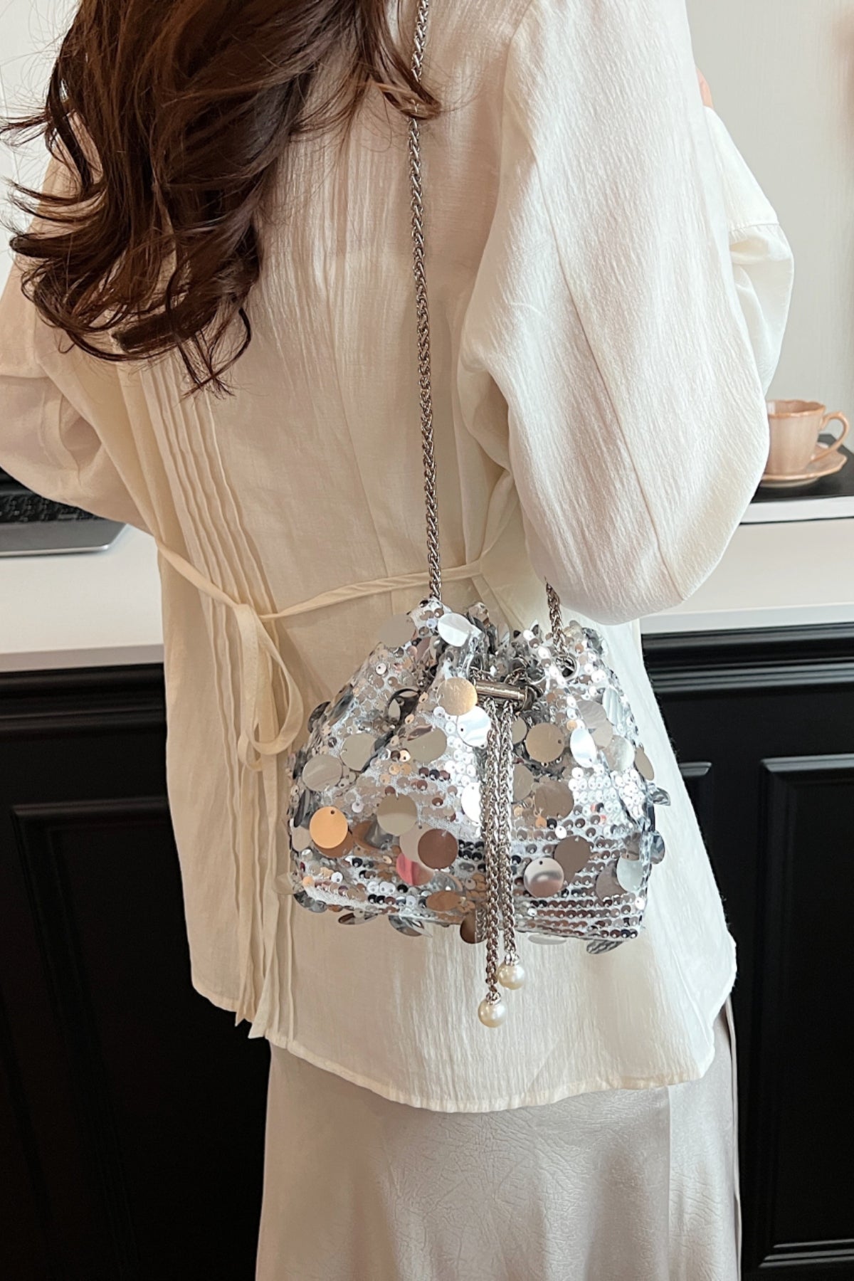 Drawstring Sequin Crossbody Bag