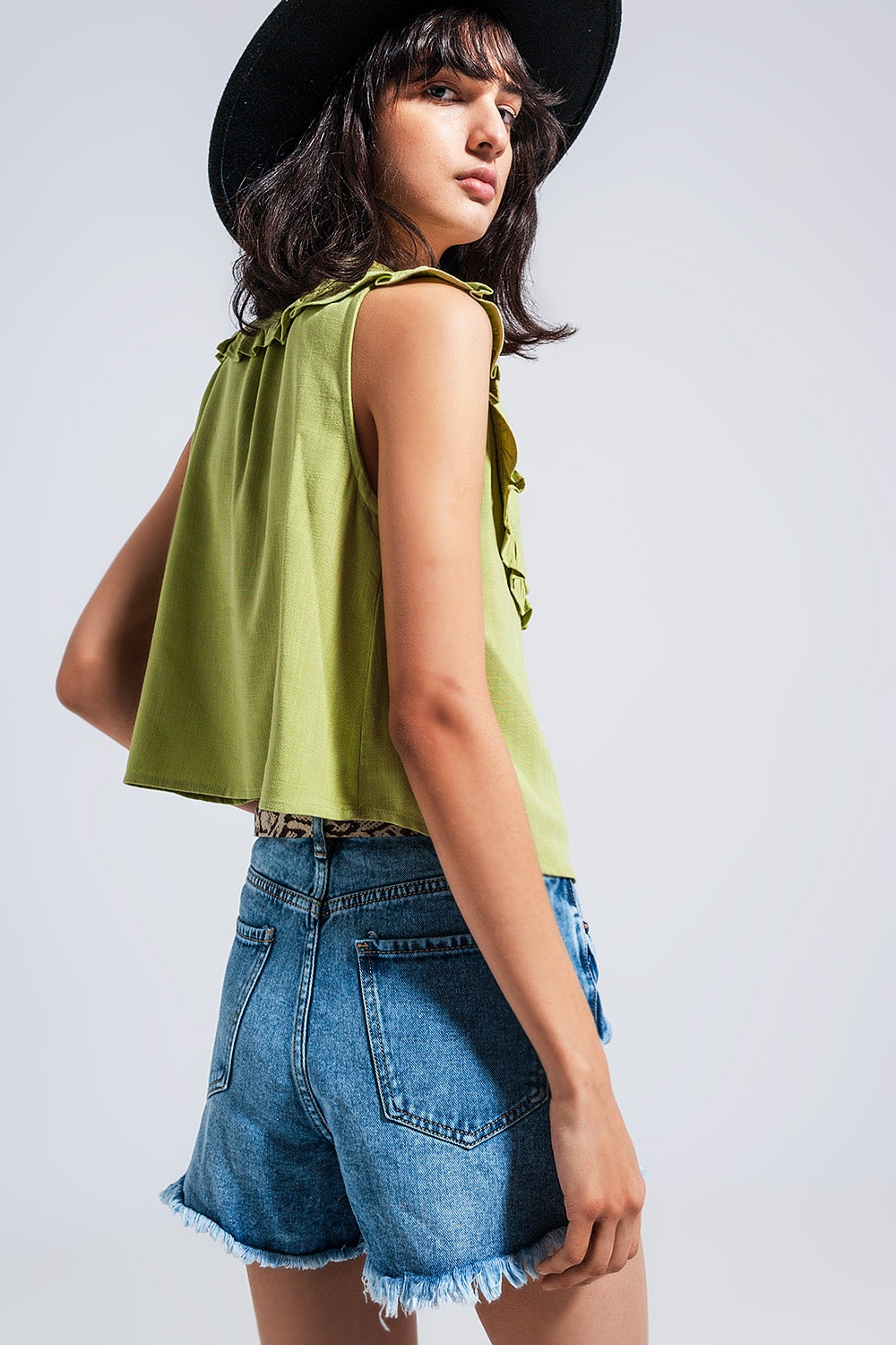 Green Crop Top With Bib Collar