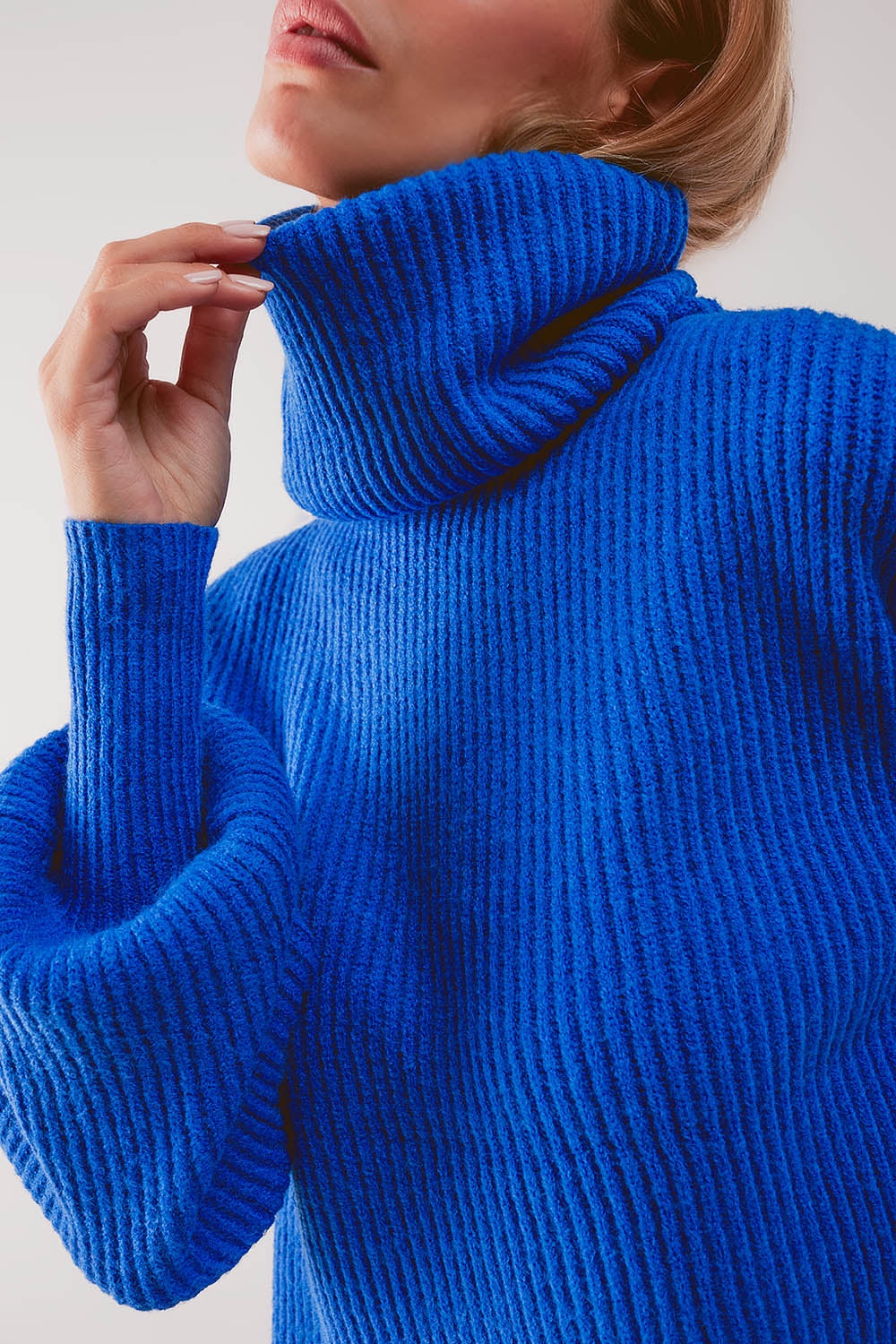 Blue Ribbed Turtleneck with Balloon Sleeves