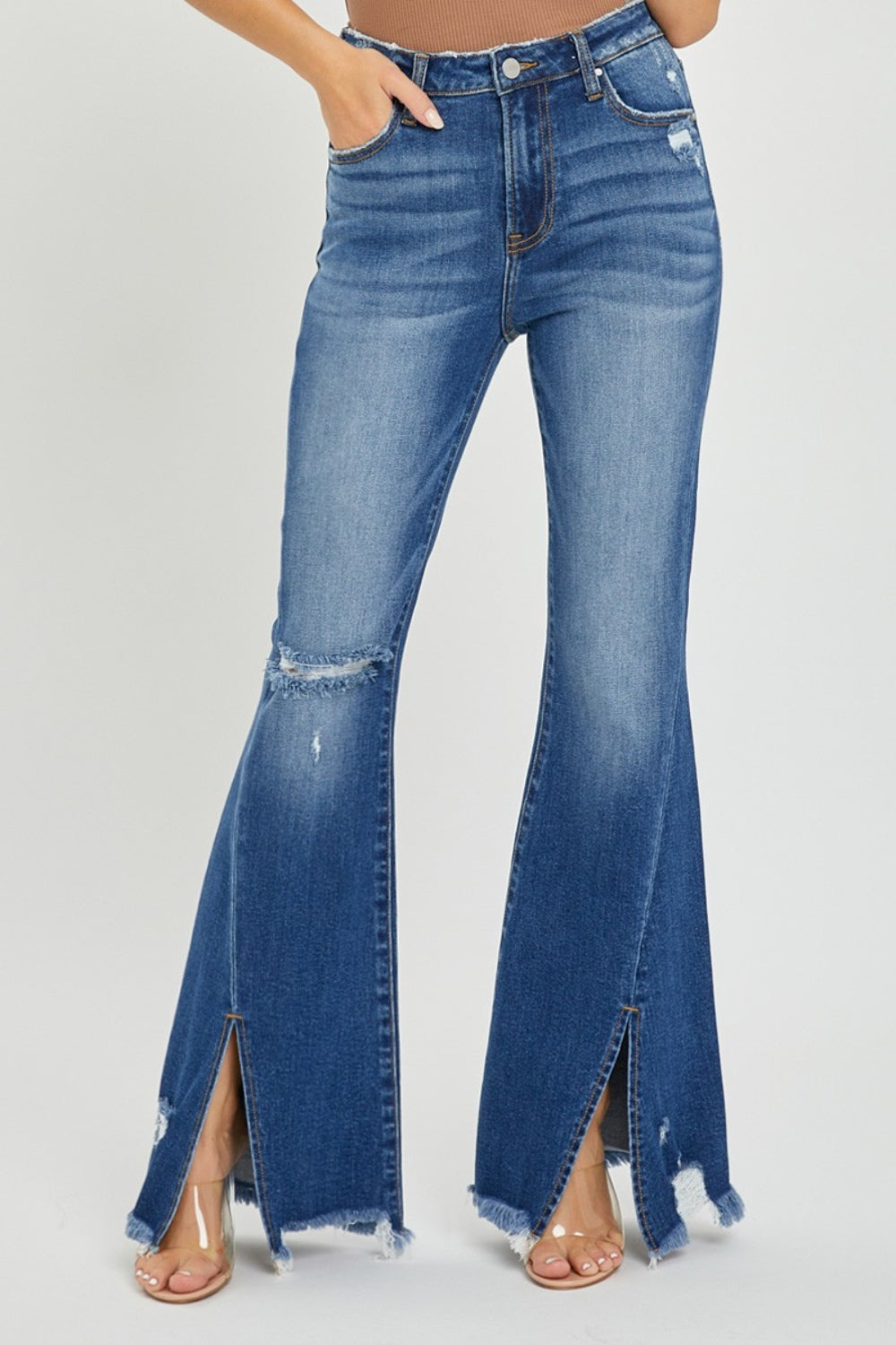 High Rise Front Slit Flared Jeans