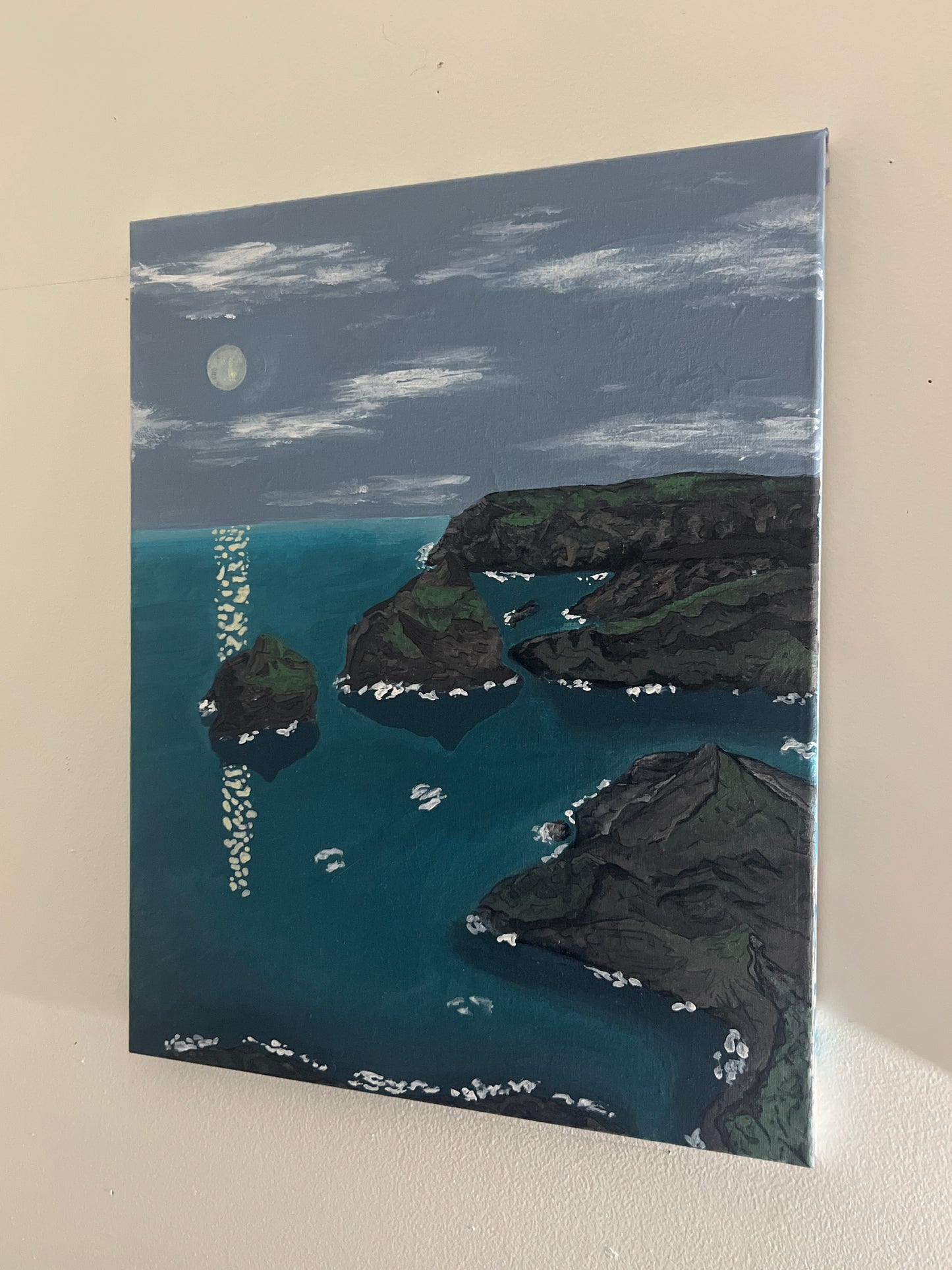 “Moonlit Serenity: Hand-Painted Coastal Canvas” (16x20)