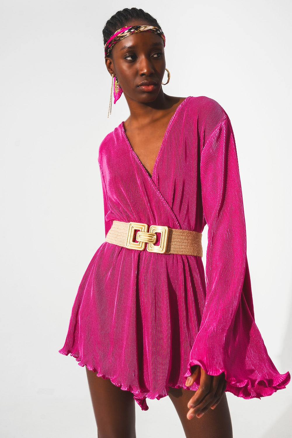 Satin Wrap Detail Pleated Short Jumpsuit in Fuchsia