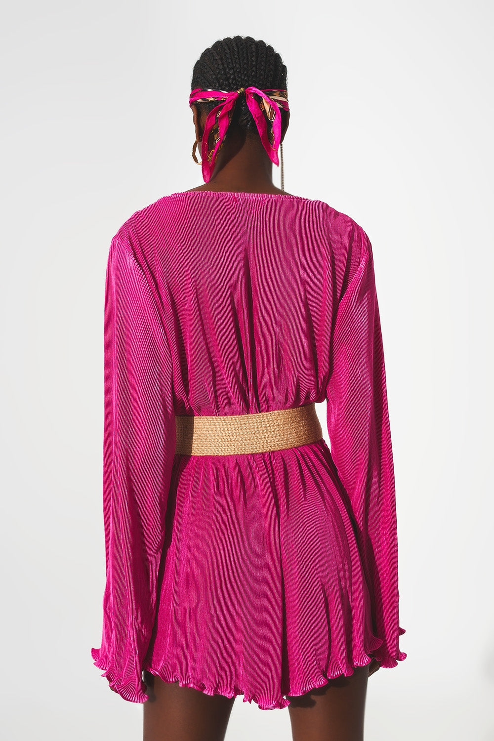 Satin Wrap Detail Pleated Short Jumpsuit in Fuchsia