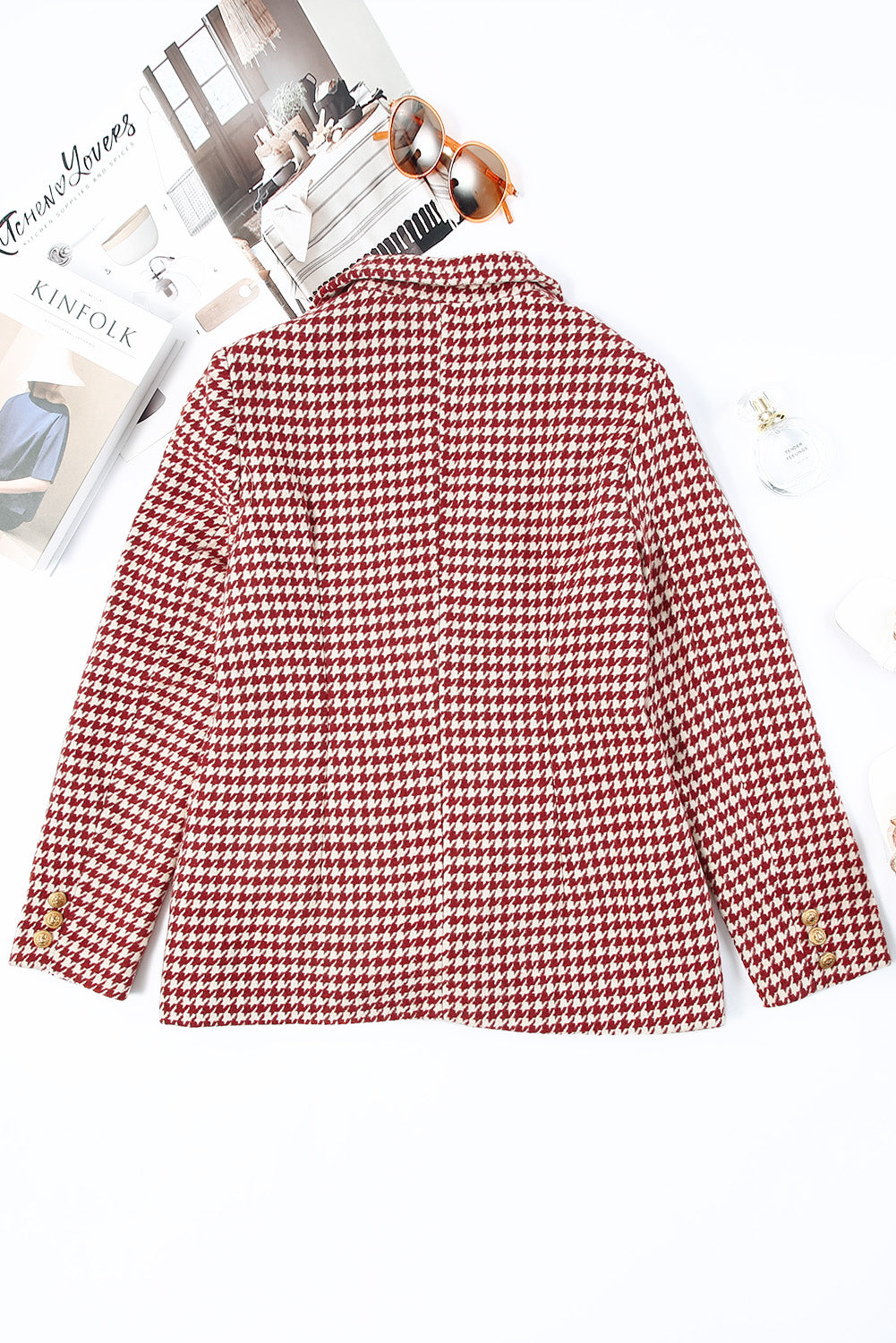 Houndstooth Collared Neck Double-Breasted Blazer