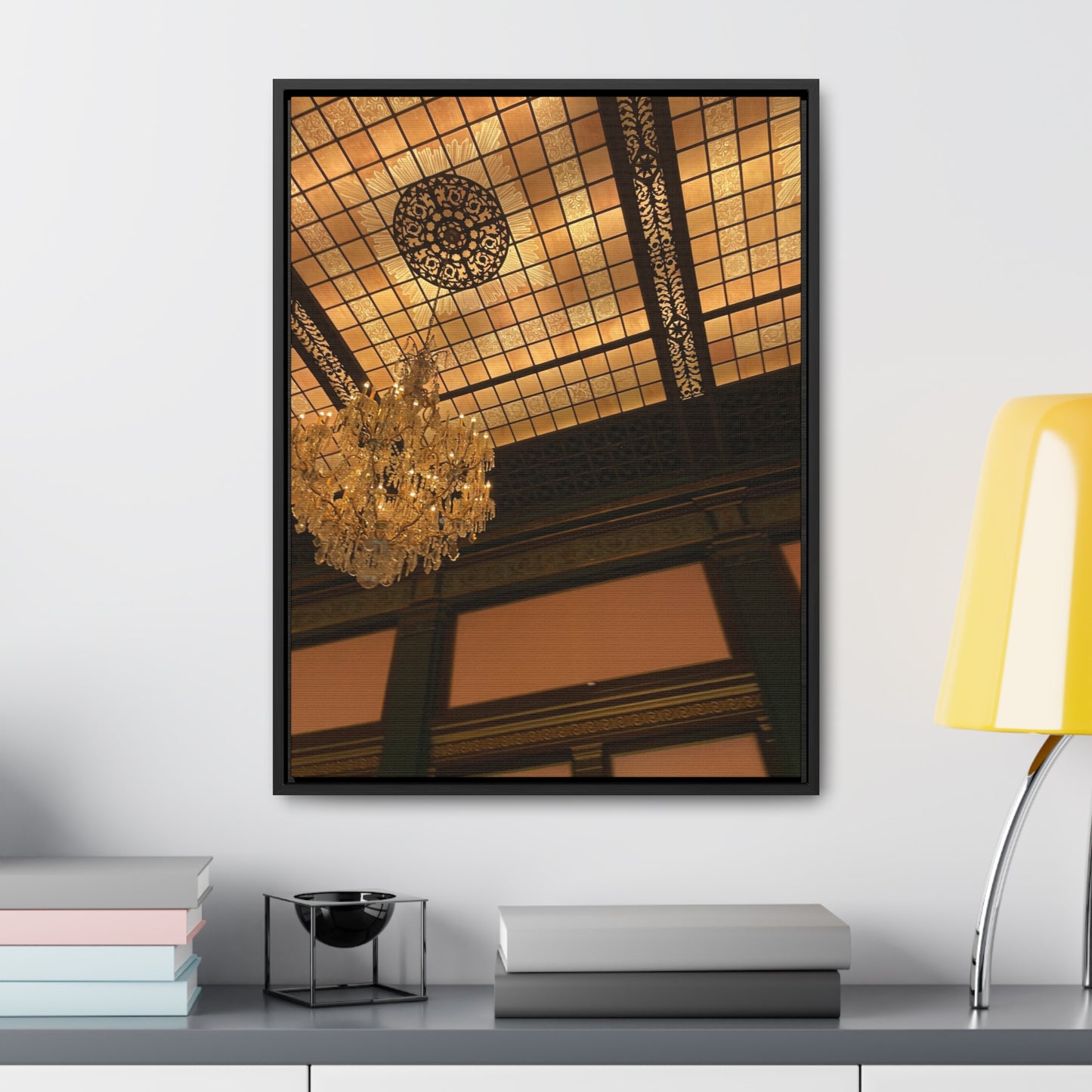 Amber Elegance: Chandelier Art from Longwood Gardens - Gallery Canvas Wraps, Vertical Frame