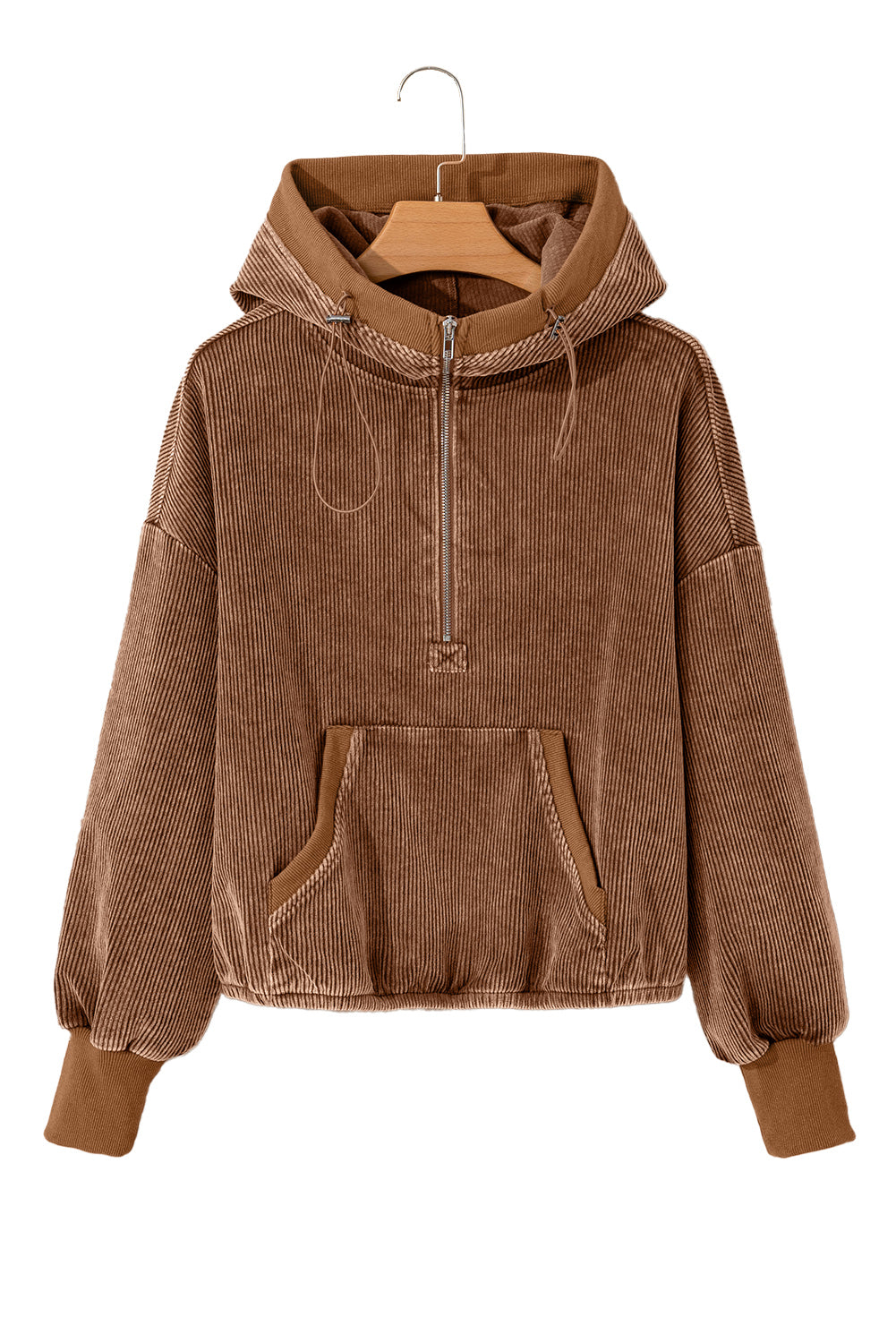 Chestnut Half Zipper Kangaroo Pocket Drawstring Corduroy Hoodie