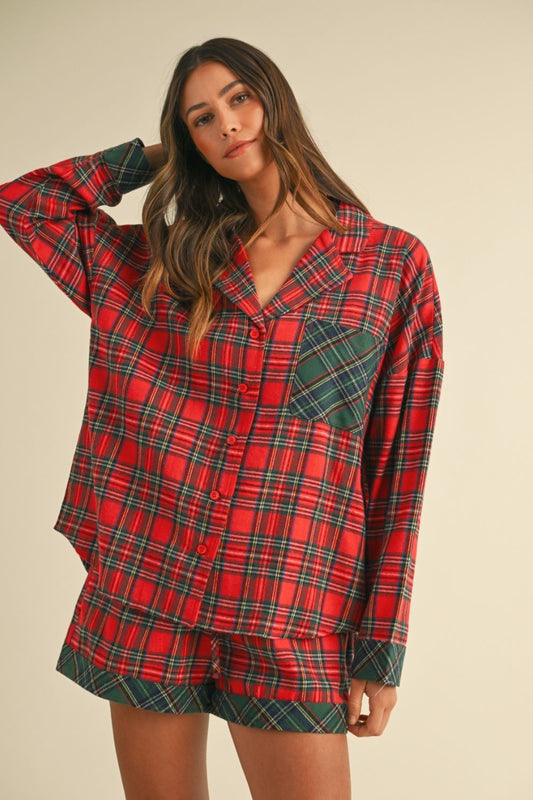 Plaid Long Sleeve Short Pajama Set