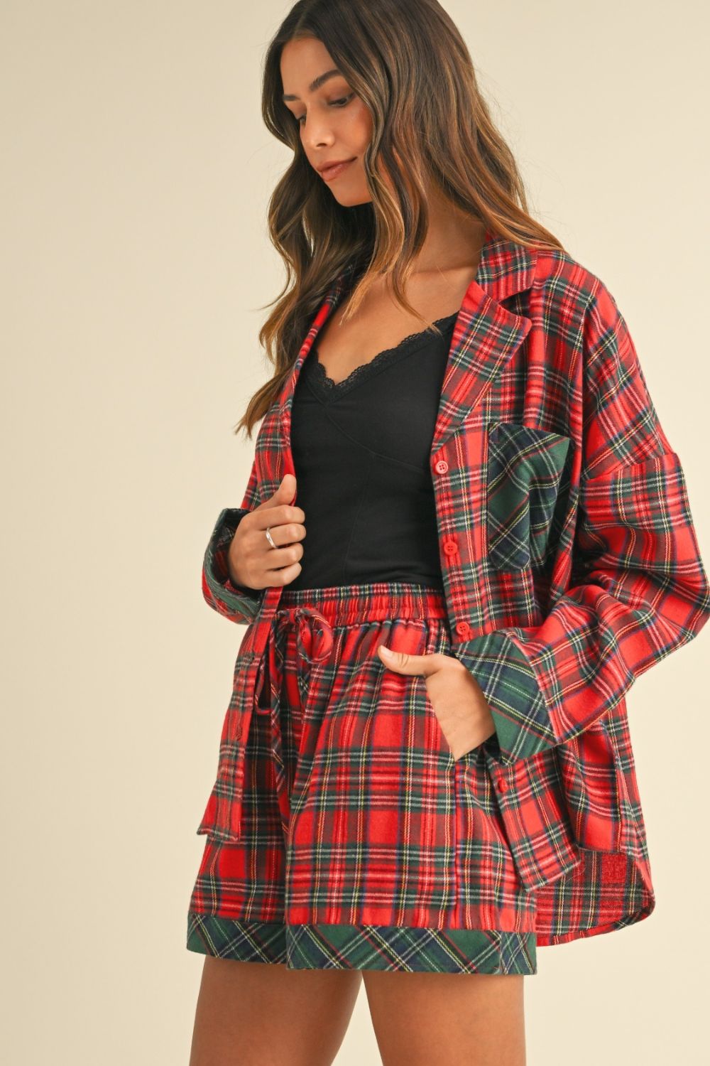 Plaid Long Sleeve Short Pajama Set