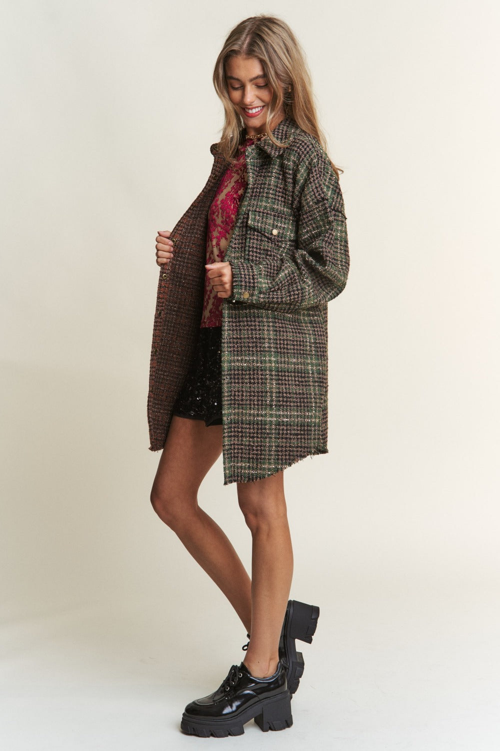 Snap Down Tweed Plaid Contrast  Longline Shacket