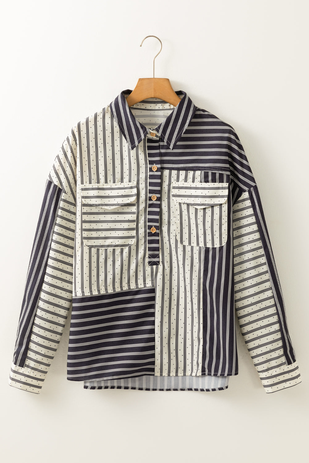 Black Striped Patchwork Button-up Long Sleeve Shirt With Pocket