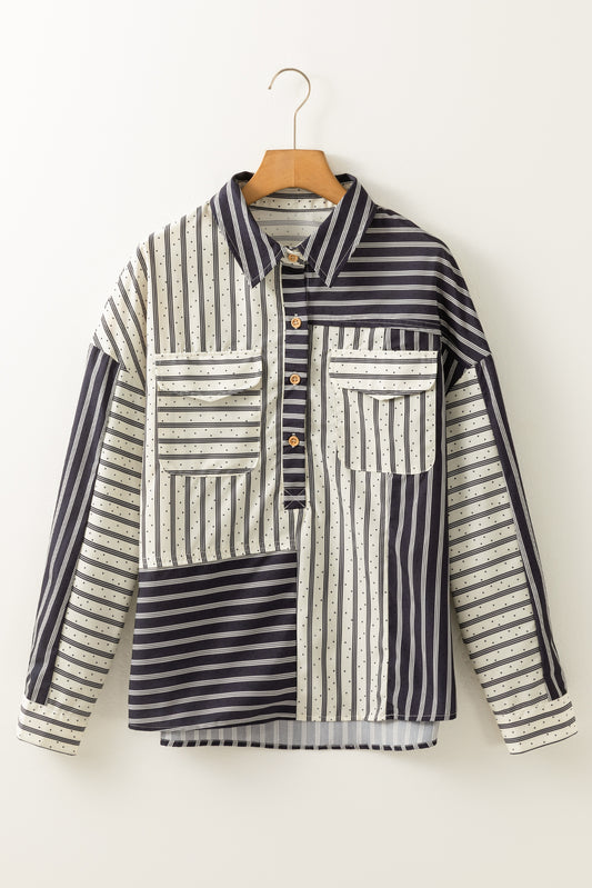 Black Striped Patchwork Button-up Long Sleeve Shirt With Pocket