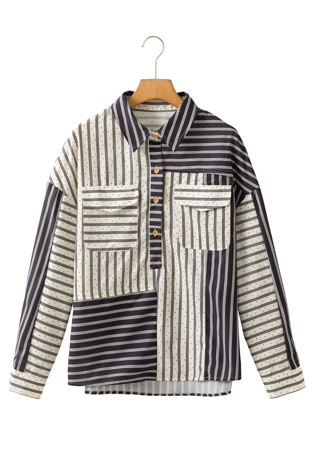 Black Striped Patchwork Button-up Long Sleeve Shirt With Pocket