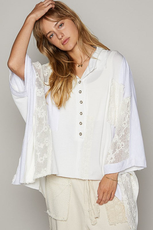 Crochet Patchwork Frayed Edge Half Button Knit Top