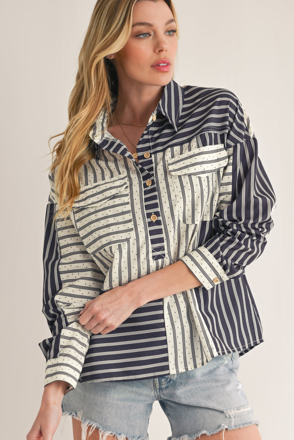 Black Striped Patchwork Button-up Long Sleeve Shirt With Pocket