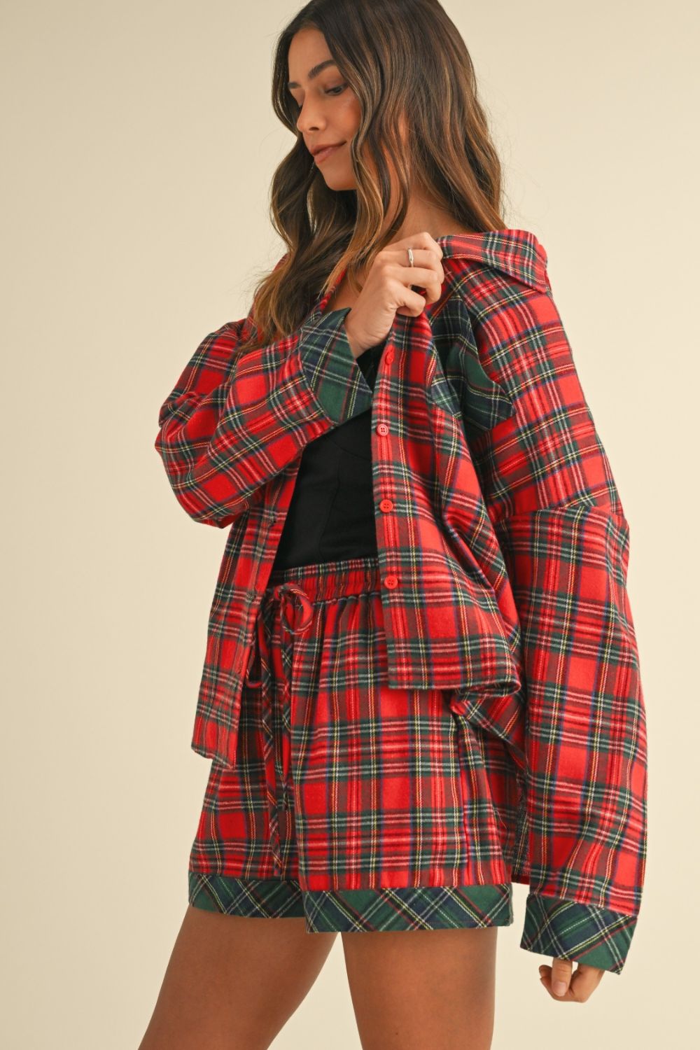 Plaid Long Sleeve Short Pajama Set