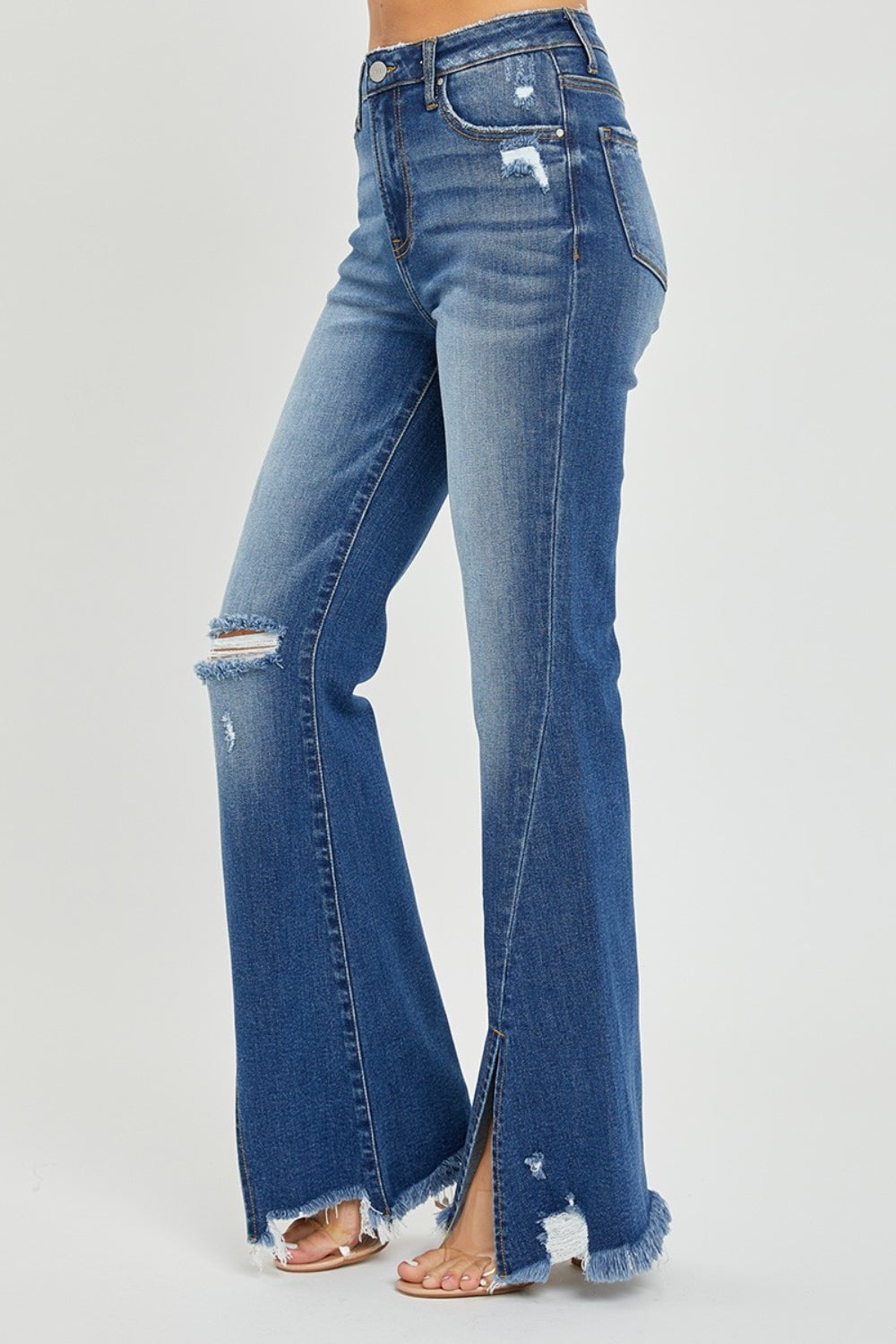 High Rise Front Slit Flared Jeans