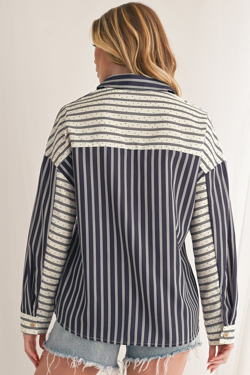 Black Striped Patchwork Button-up Long Sleeve Shirt With Pocket