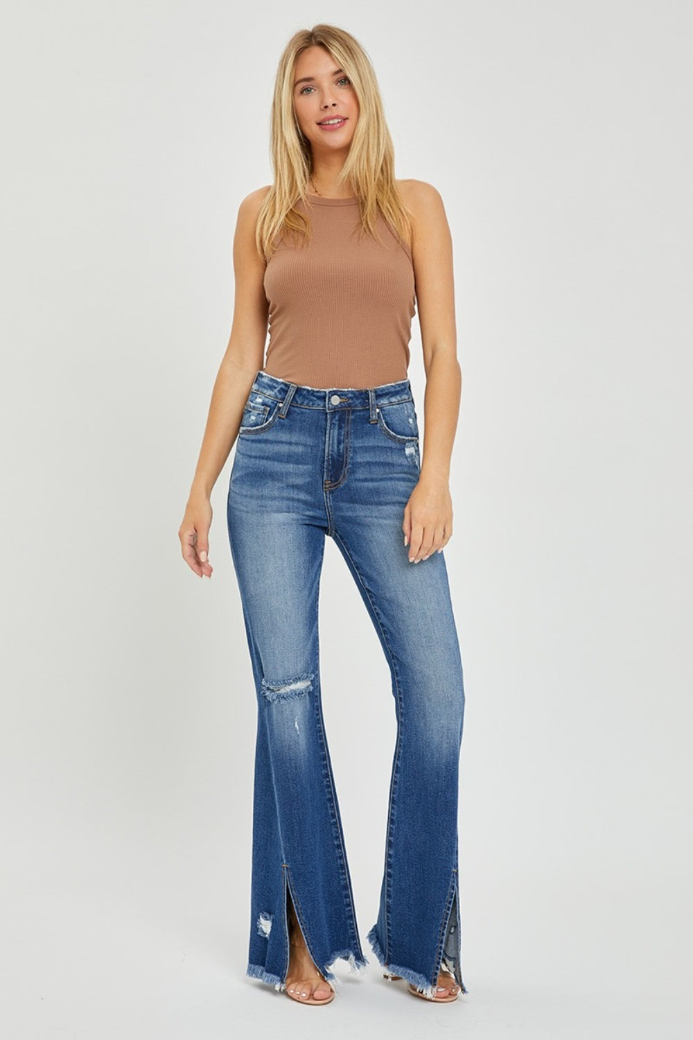 High Rise Front Slit Flared Jeans