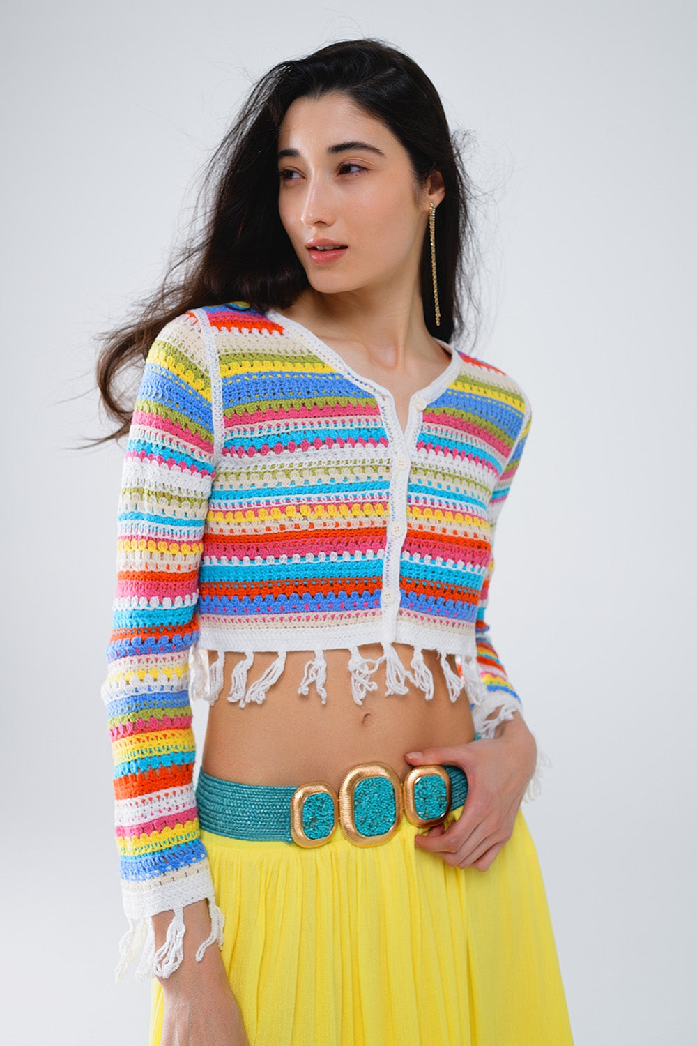 Cropped Multicolor Crochet Cardigan