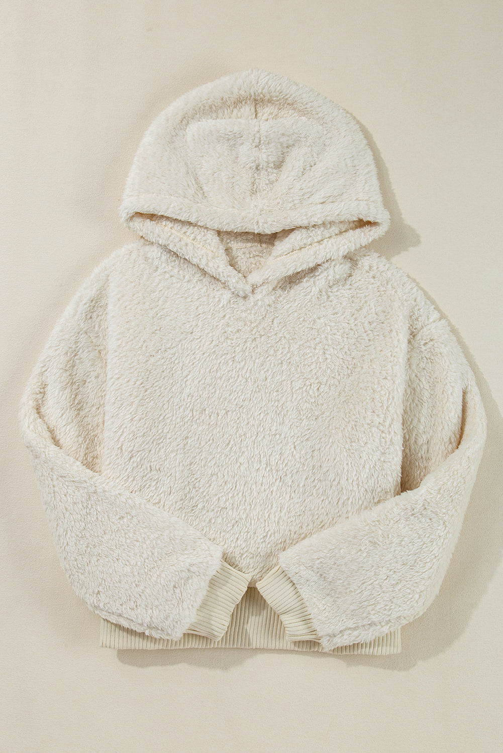 White Casual Contrast Ribbed Edge Plush Hoodie