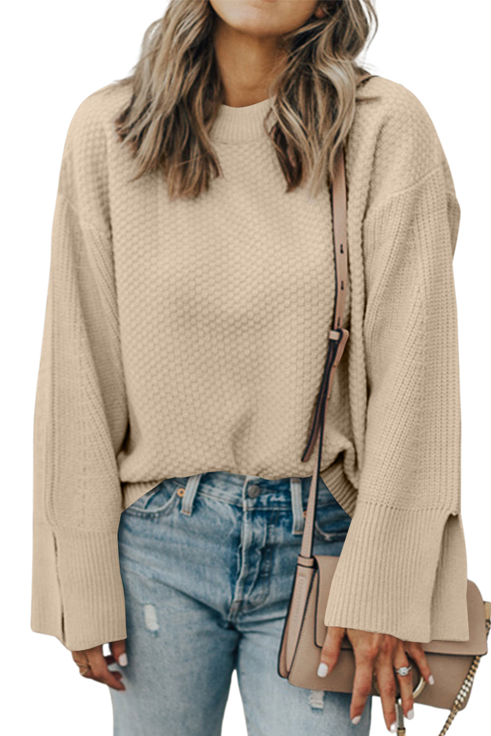 Dark Green Textured Knit Loose Sweater